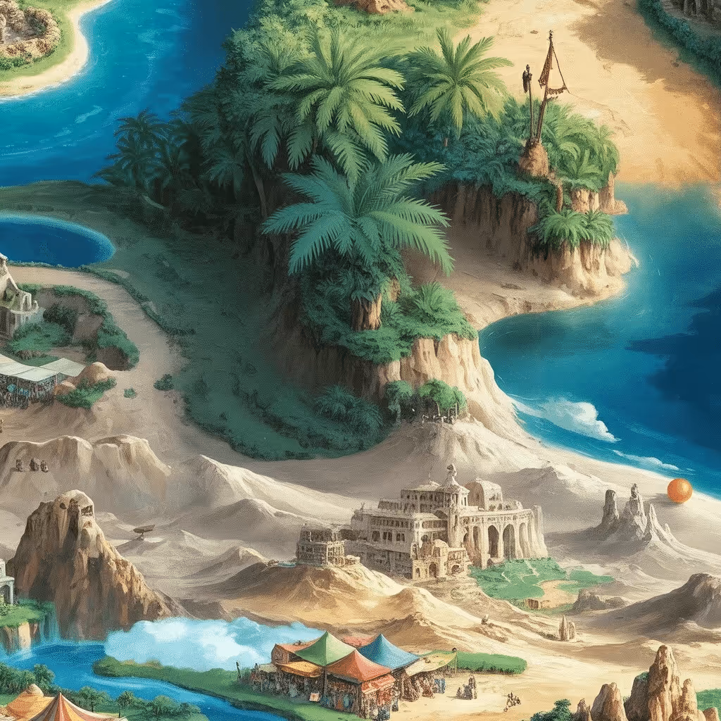 AI-generated Desert tile at coordinates -2, -35 in the Ghibli world of Million Dollar Canvas