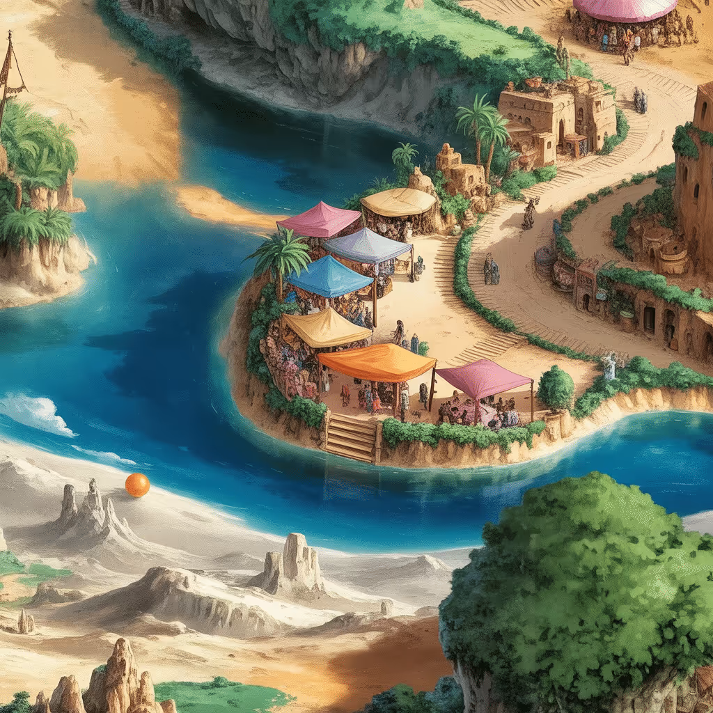 AI-generated Desert tile at coordinates -1, -35 in the Ghibli world of Million Dollar Canvas