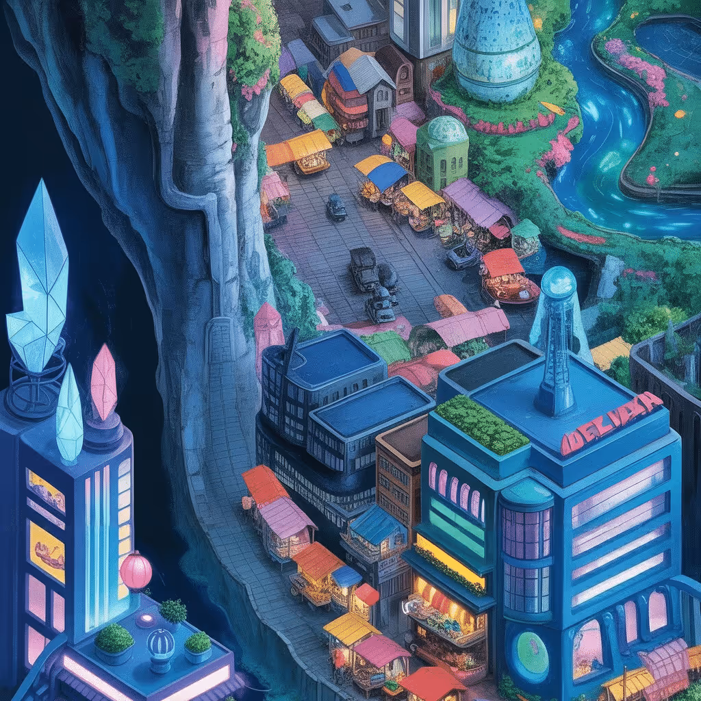 AI-generated Tokyo Night tile at coordinates -4, -45 in the Ghibli world of Million Dollar Canvas