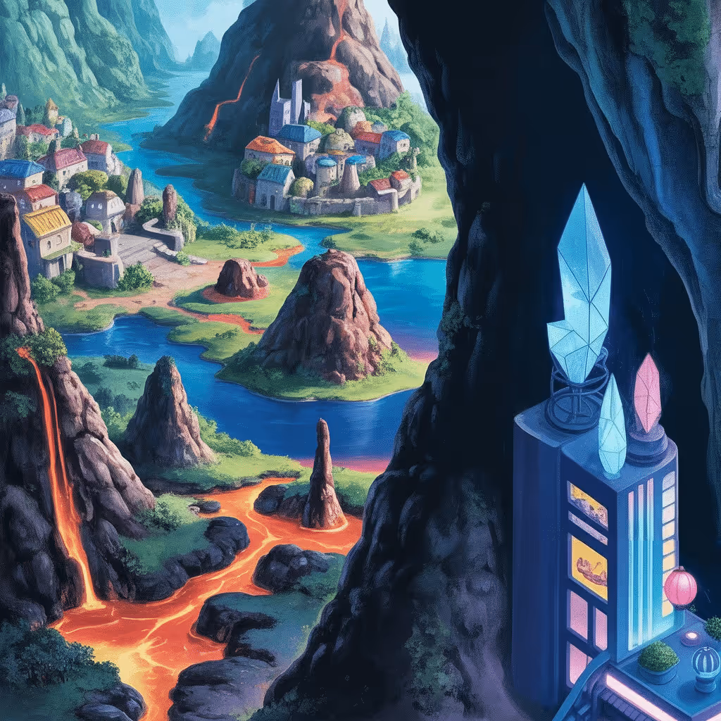 AI-generated Volcanic Landscape tile at coordinates -5, -45 in the Ghibli world of Million Dollar Canvas