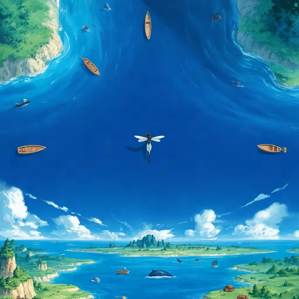 AI-generated Ocean tile at coordinates -4, -53 in the Ghibli world of Million Dollar Canvas