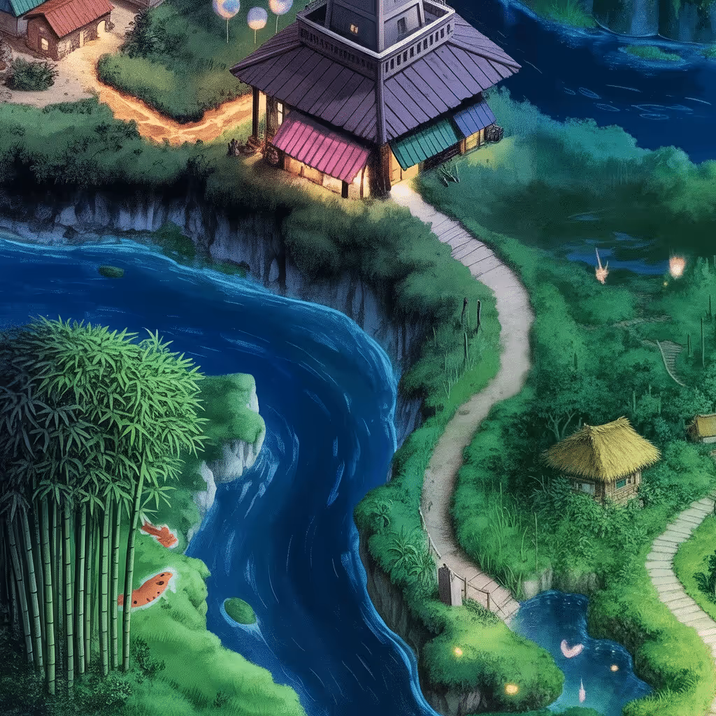 AI-generated Bamboo Forest tile at coordinates -5, -43 in the Ghibli world of Million Dollar Canvas