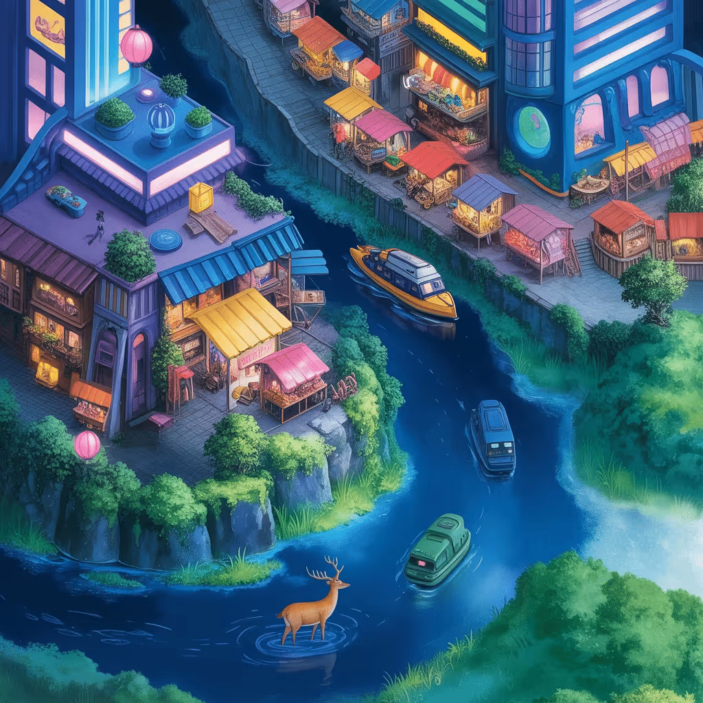 AI-generated Tokyo Night tile at coordinates -4, -44 in the Ghibli world of Million Dollar Canvas