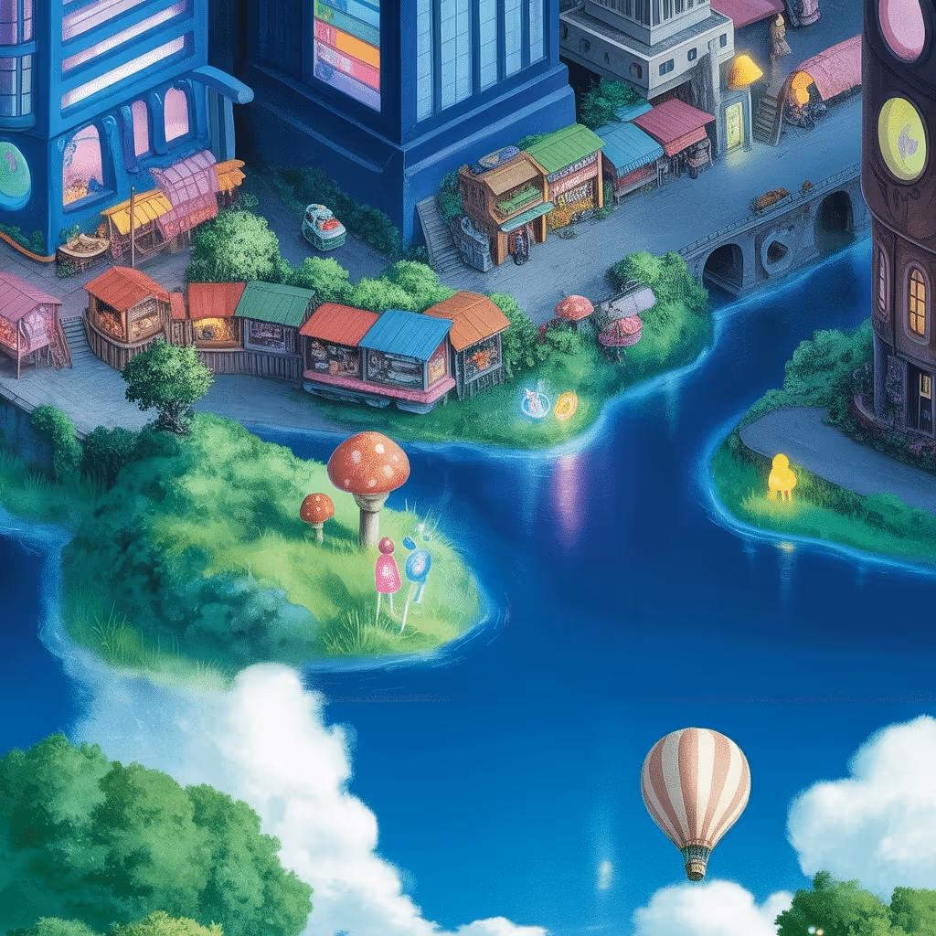 AI-generated Tokyo Night tile at coordinates -3, -44 in the Ghibli world of Million Dollar Canvas