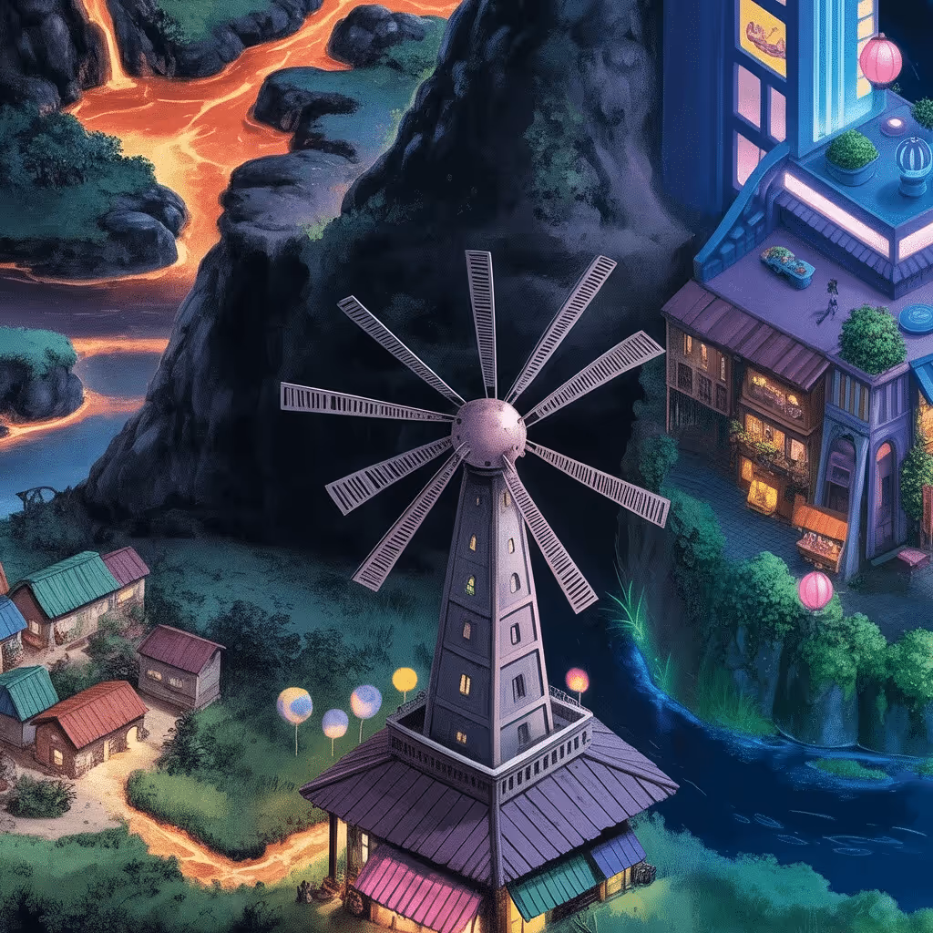 AI-generated Tokyo Night tile at coordinates -5, -44 in the Ghibli world of Million Dollar Canvas