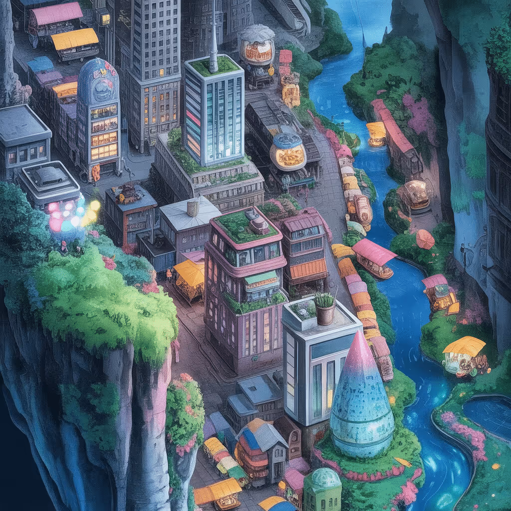 AI-generated Tokyo Night tile at coordinates -4, -46 in the Ghibli world of Million Dollar Canvas