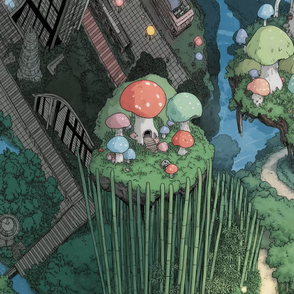 AI-generated Mushroom Forest tile at coordinates 25, 14 in the Ghibli world of Million Dollar Canvas